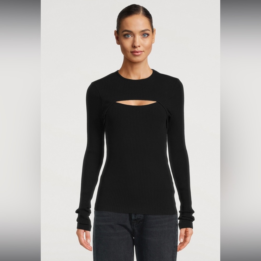 Agolde Organic Cotton Blend Lyza Black Ribbed Long Sleeve Cutout Top